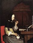 Gerard Ter Borch Canvas Paintings - A Woman drinking Wine
